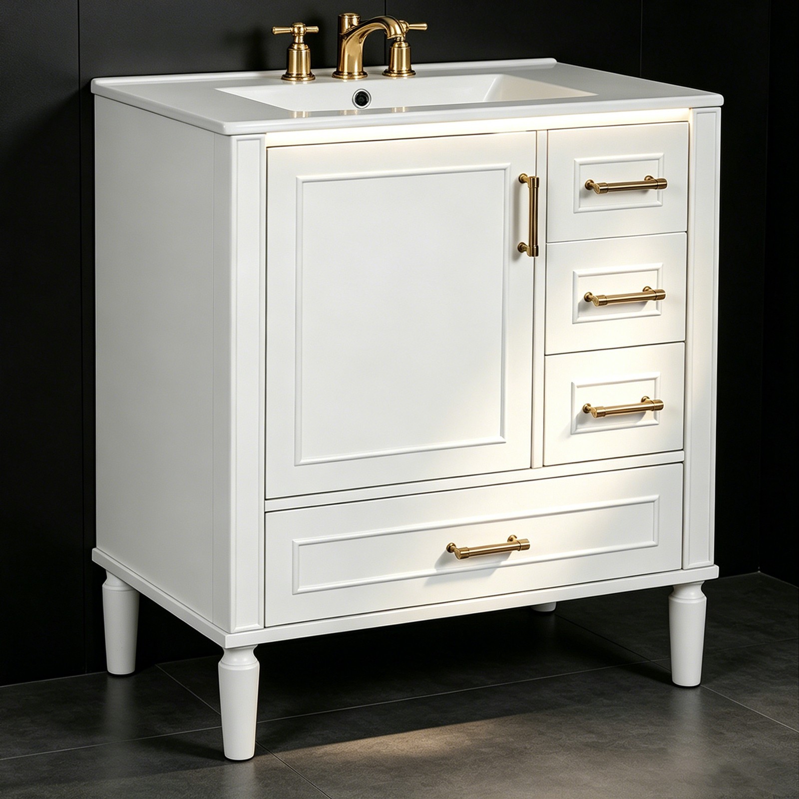 Floor Standing 30″ White Vanity Sink Single Sink Bathroom Cabinet Ceramic Basin