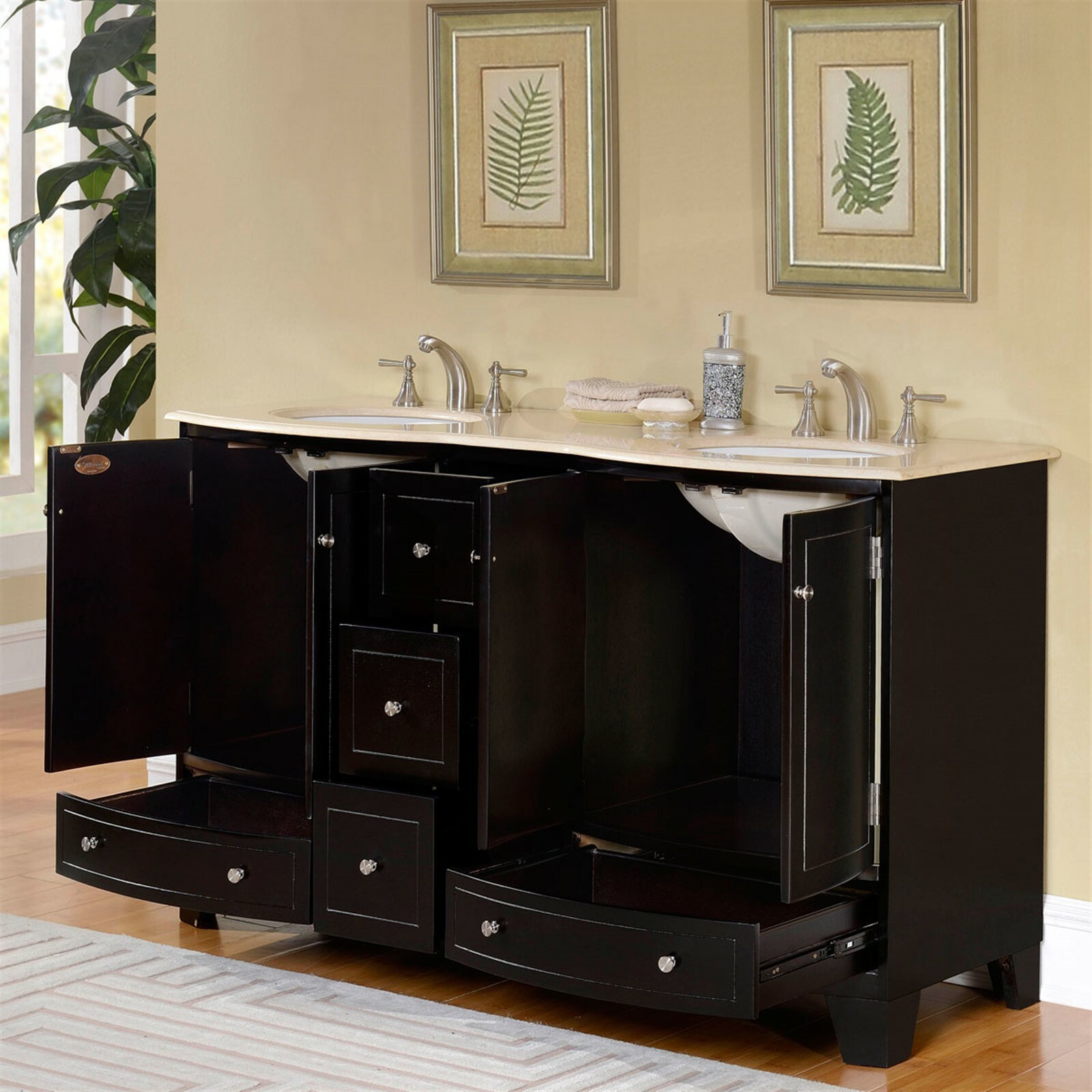 60-inch Bathroom Double Sink Vanity Creamy Marble Top Lavatory Cabinet 0703CM