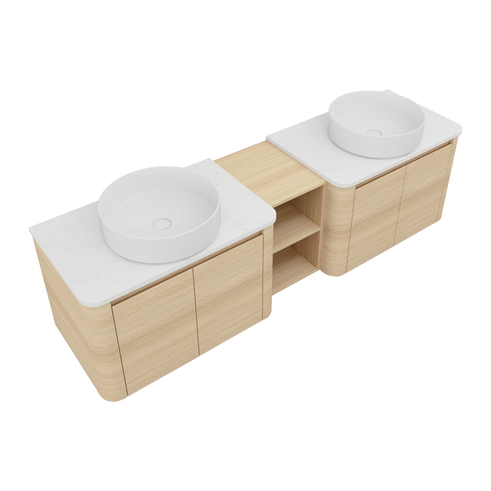 72″ Floating Bathroom Vanity W/ 2 White Ceramic Sink Stone Slab Top+Open Shelves