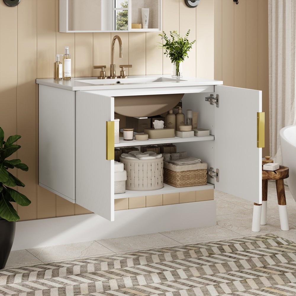 Bathroom Vanity W Ceramic Sink Three-Hole Mounting Features Two Soft-Close Doors