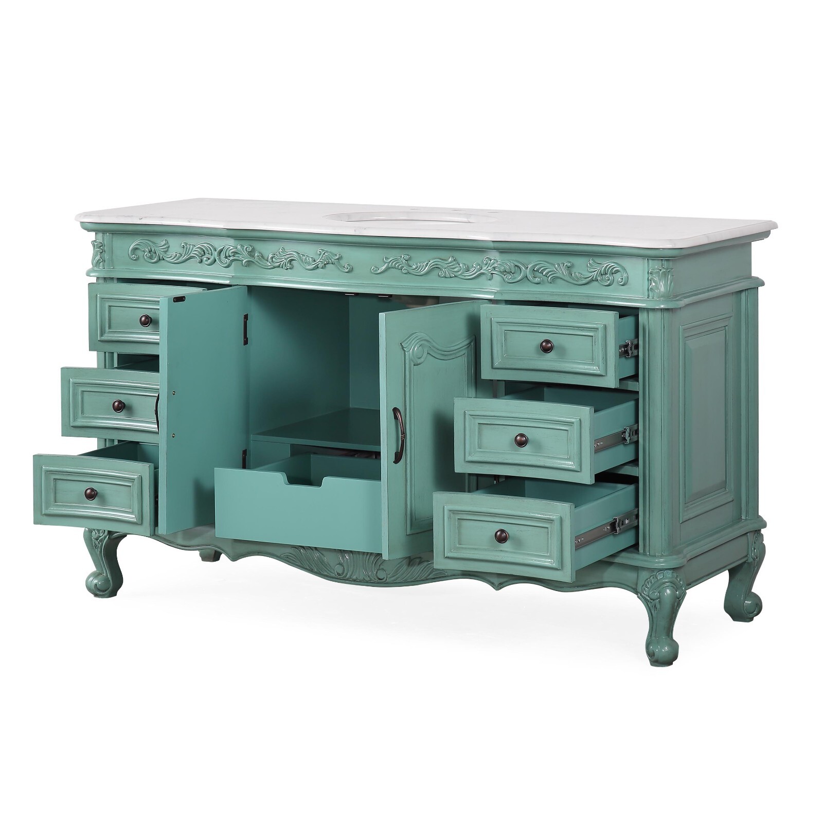 60″ Silkroad Exclusive V0299NW60C Single Sink Carrara Marble Top Green Vanity