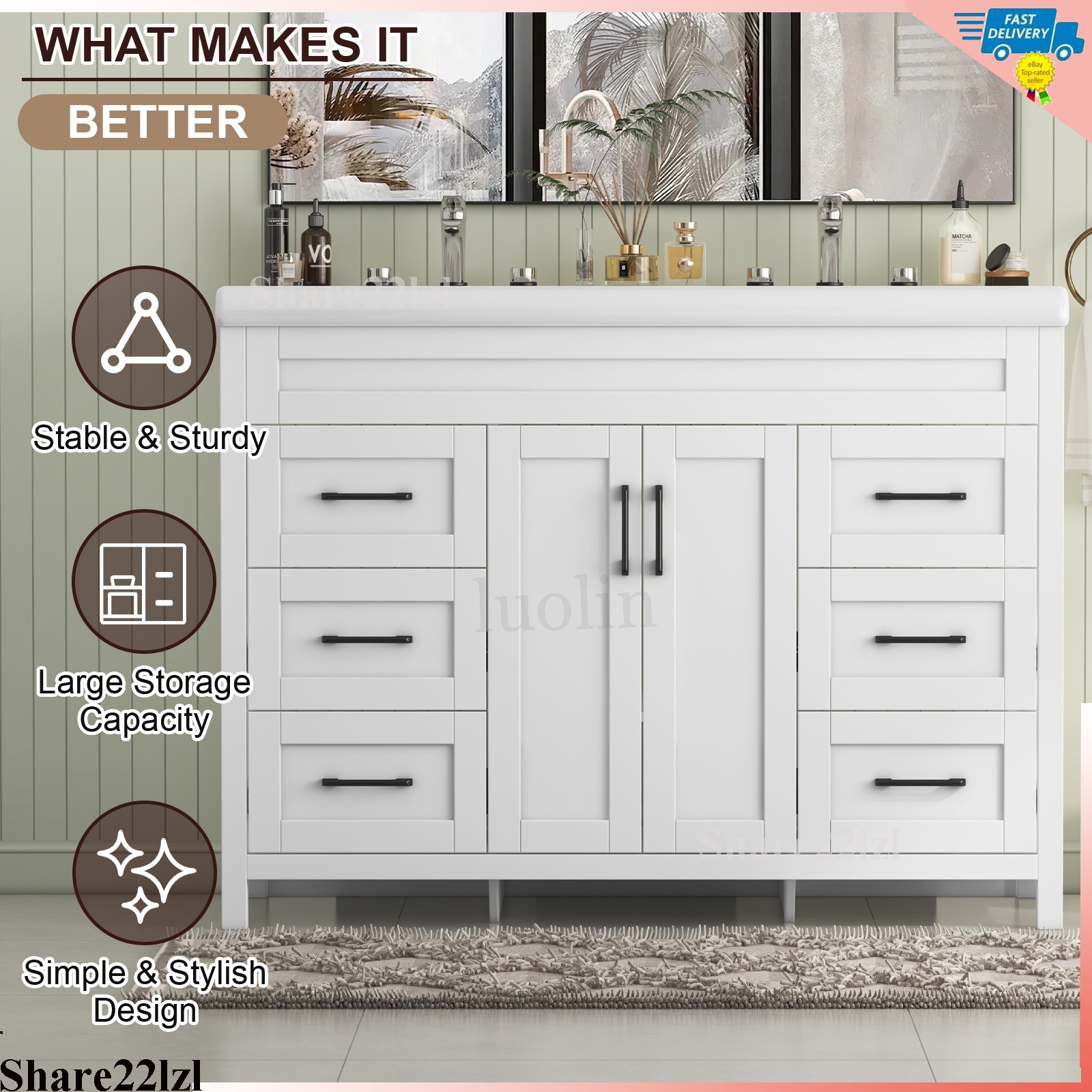 47″ Bathroom Vanity w/Double Ceramic Sink, Freestanding Vanity Cabinet Storage