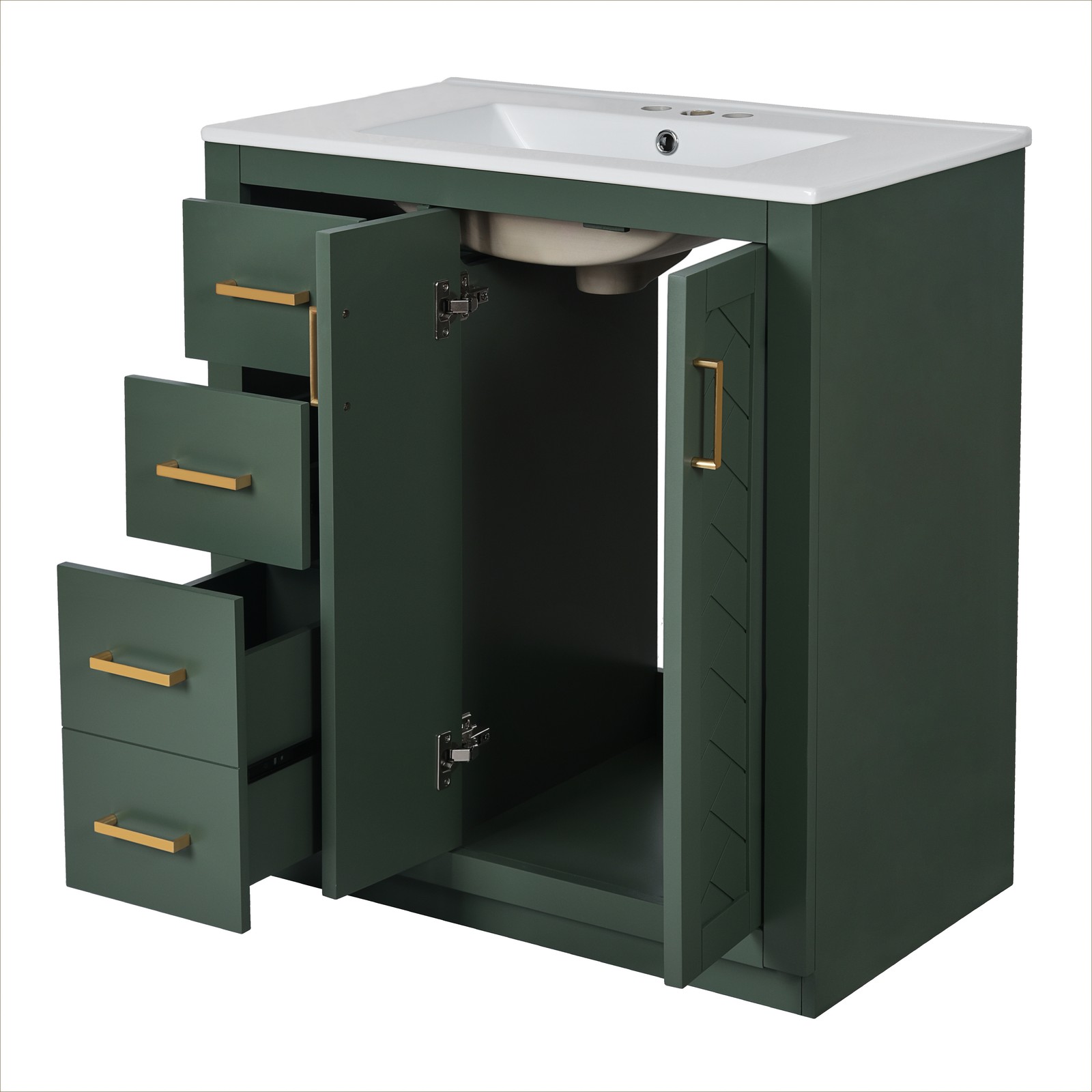 30″ Bathroom Vanity w/Ceramic Sink, 3 Drawers, Freestanding Bath Vanity Cabinet