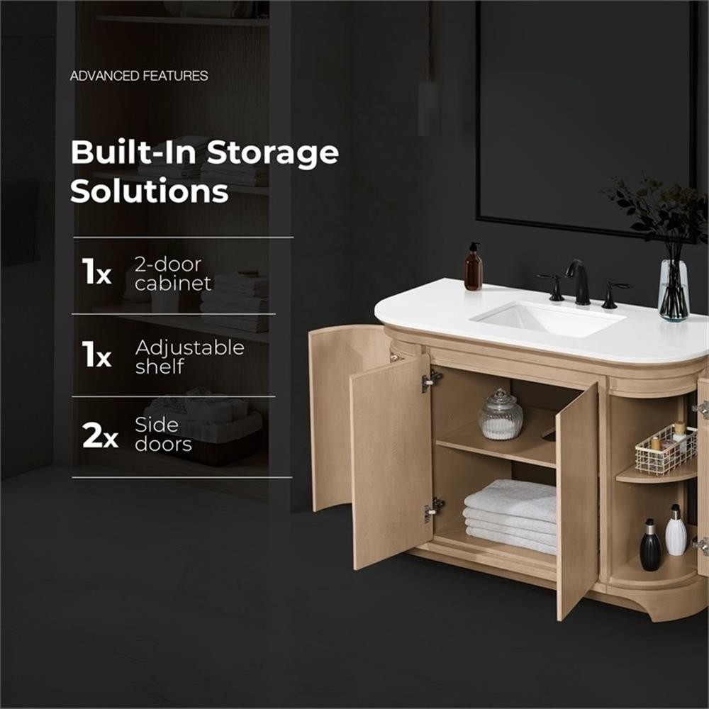 Pemberly Row 48″ Bathroom Vanity in Sahara Birch with White Countertop