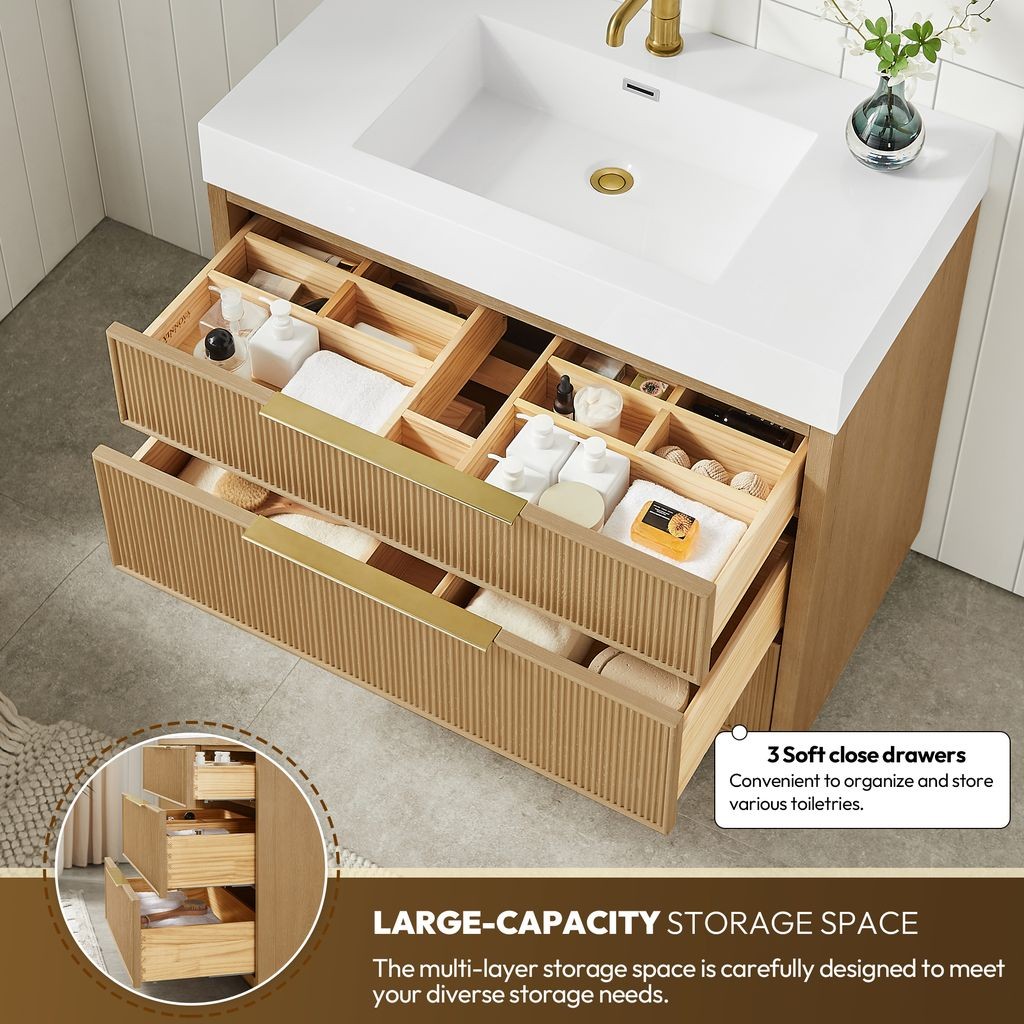 Hohhot 36″ Single Bath Vanity in Washed Ash Grey with White Stone Top