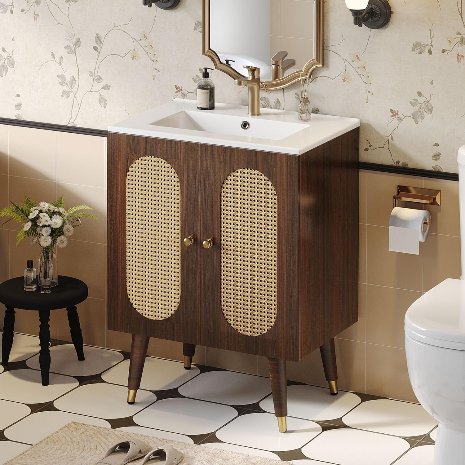 24″ Walnut Rattan Bathroom Vanity with Sink & Soft-Close Doors, Boho Style