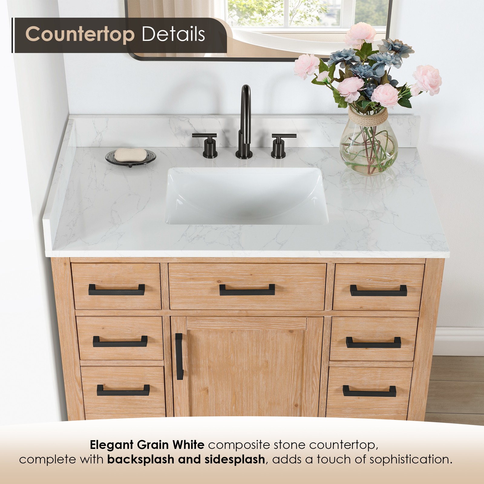 Gavino 42″ Wood Vanity in Light Brown with Composite Stone Top with Mirror