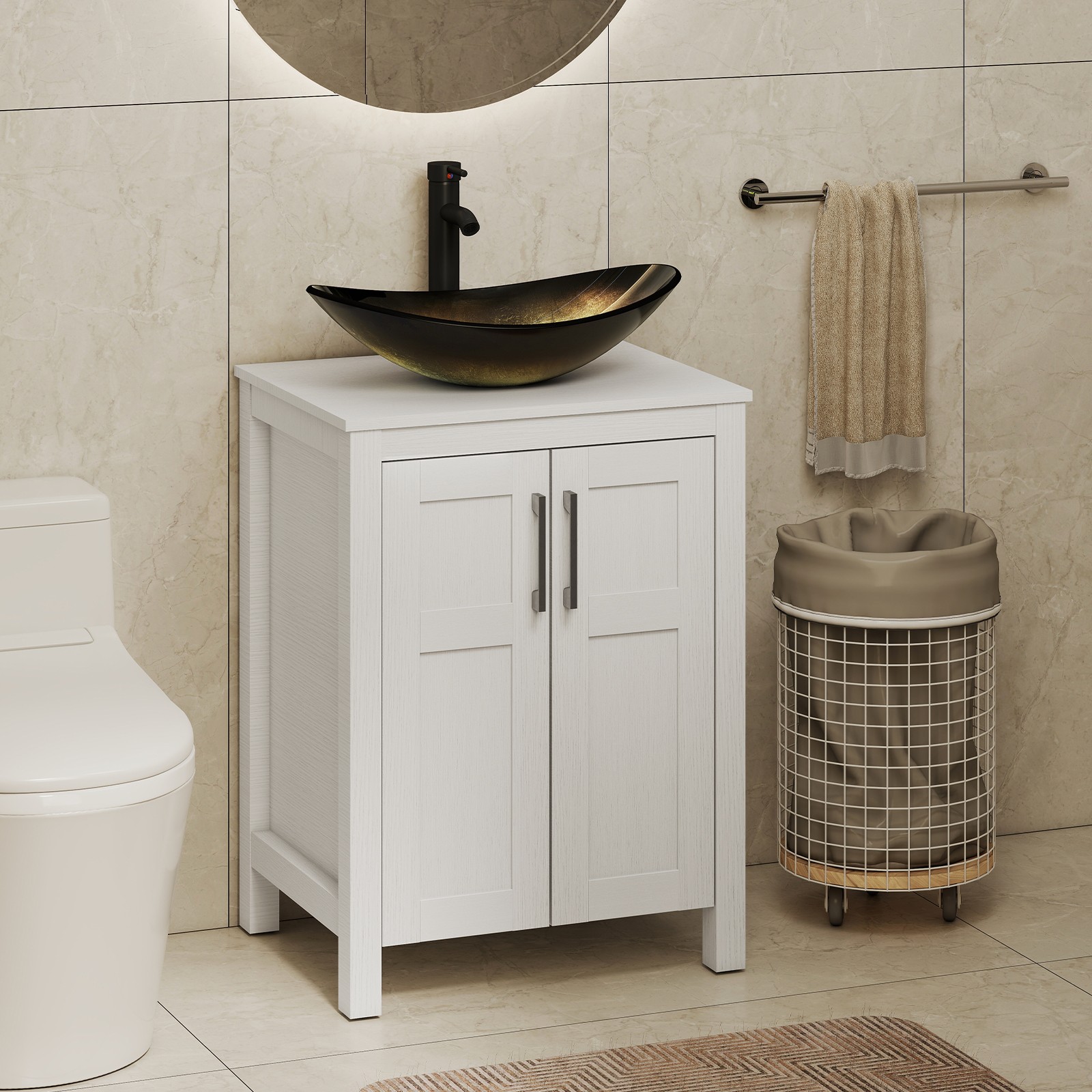 24 Inch Freestanding White Bathroom Vanity Set Vessel Sink Faucet Pop Up Drain