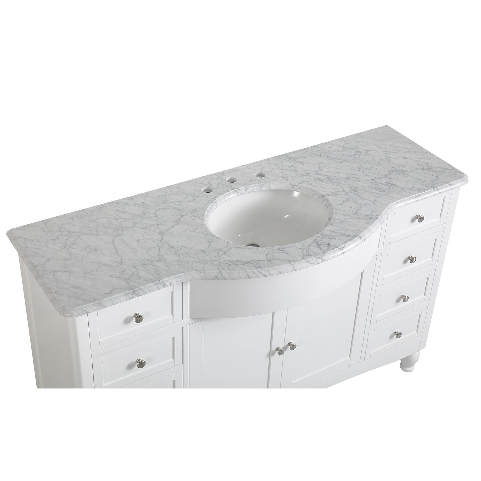 58″ White Curved Front Single Bathroom Sink Vanity Single Bowl Stone Top Cabinet