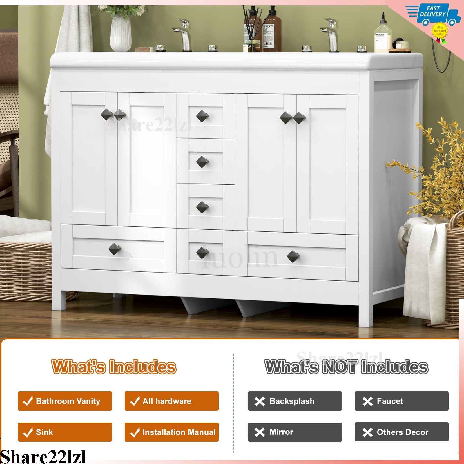 47inch Bathroom Vanity Bathroom Storage Cabinet with Double Ceramic Sink White