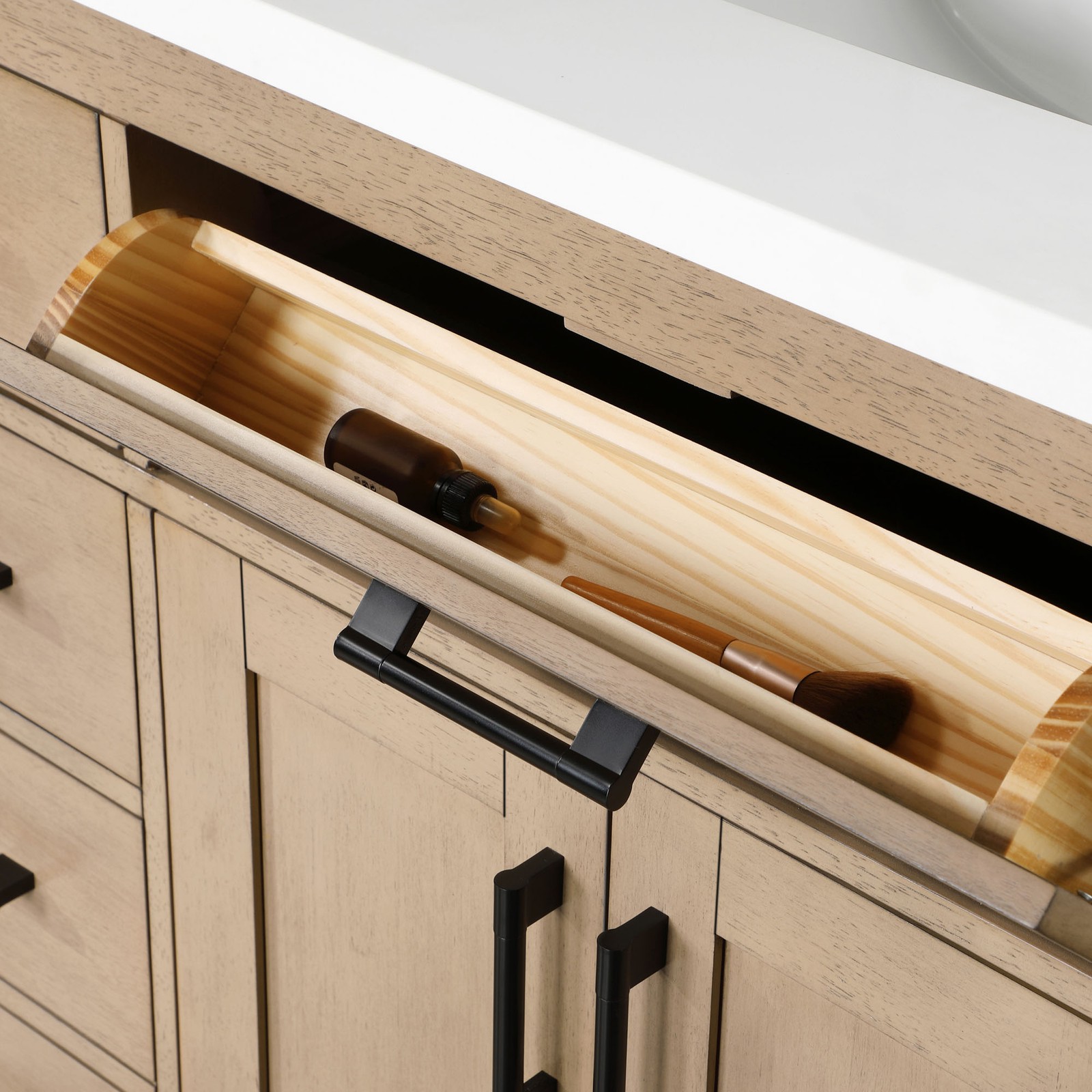 Bailey 60″ Double Bathroom Vanity in Sahara Birch with White Countertop