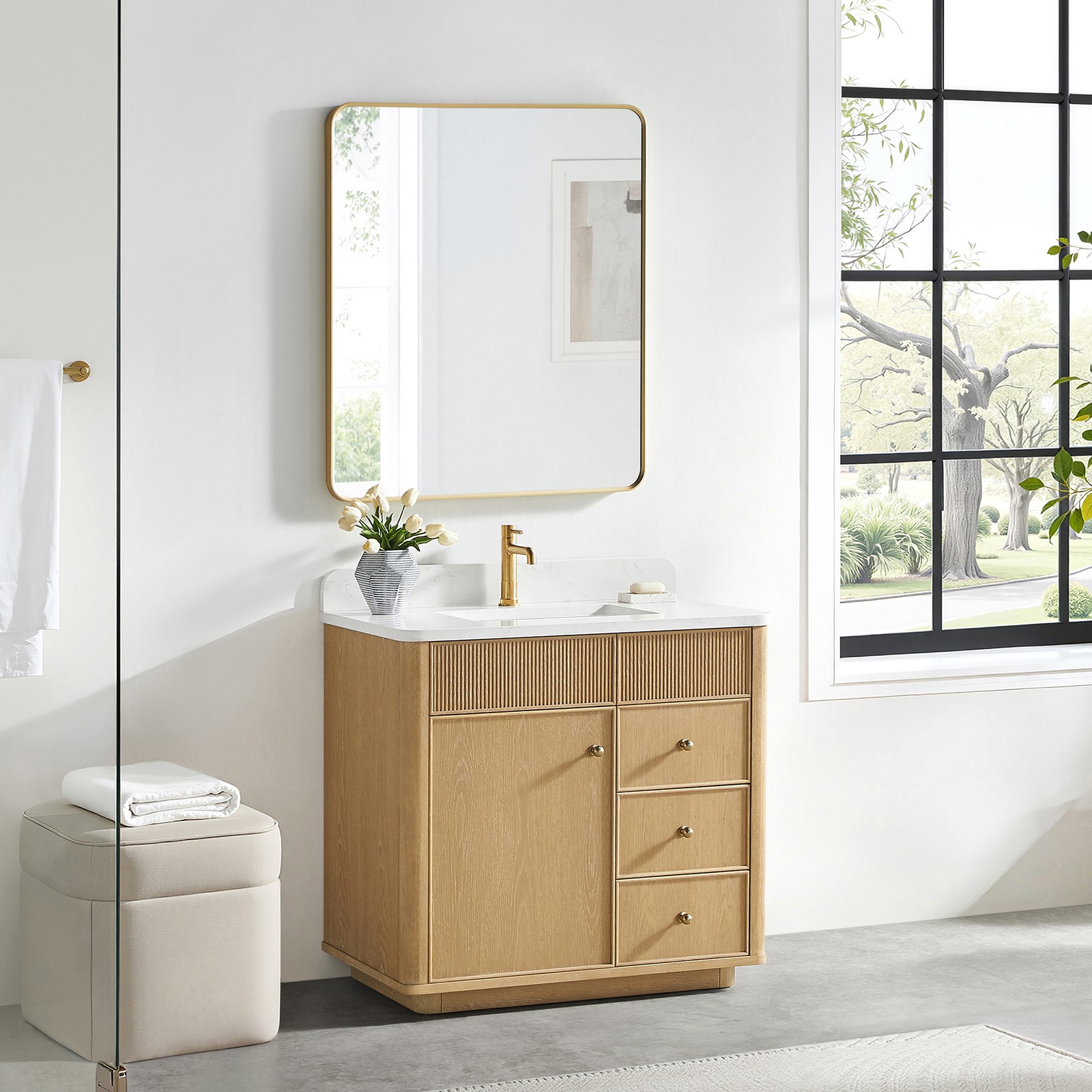 Zogno 36″ Solid Wood Single Bath Vanity in Washed Ash Gray with White Stone Top
