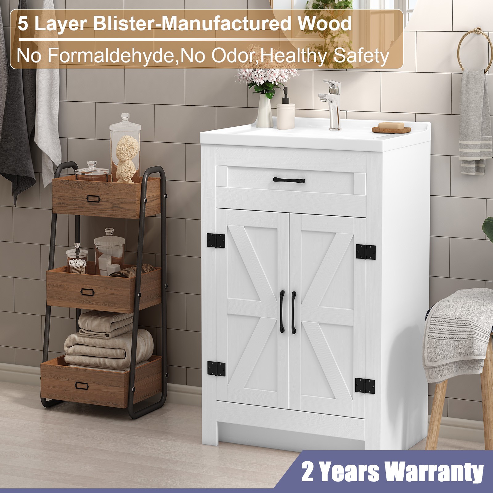 23″ Bathroom Vanity Cabinet & Door Ceramic Sink Bowl Cabinet Bath Organizer