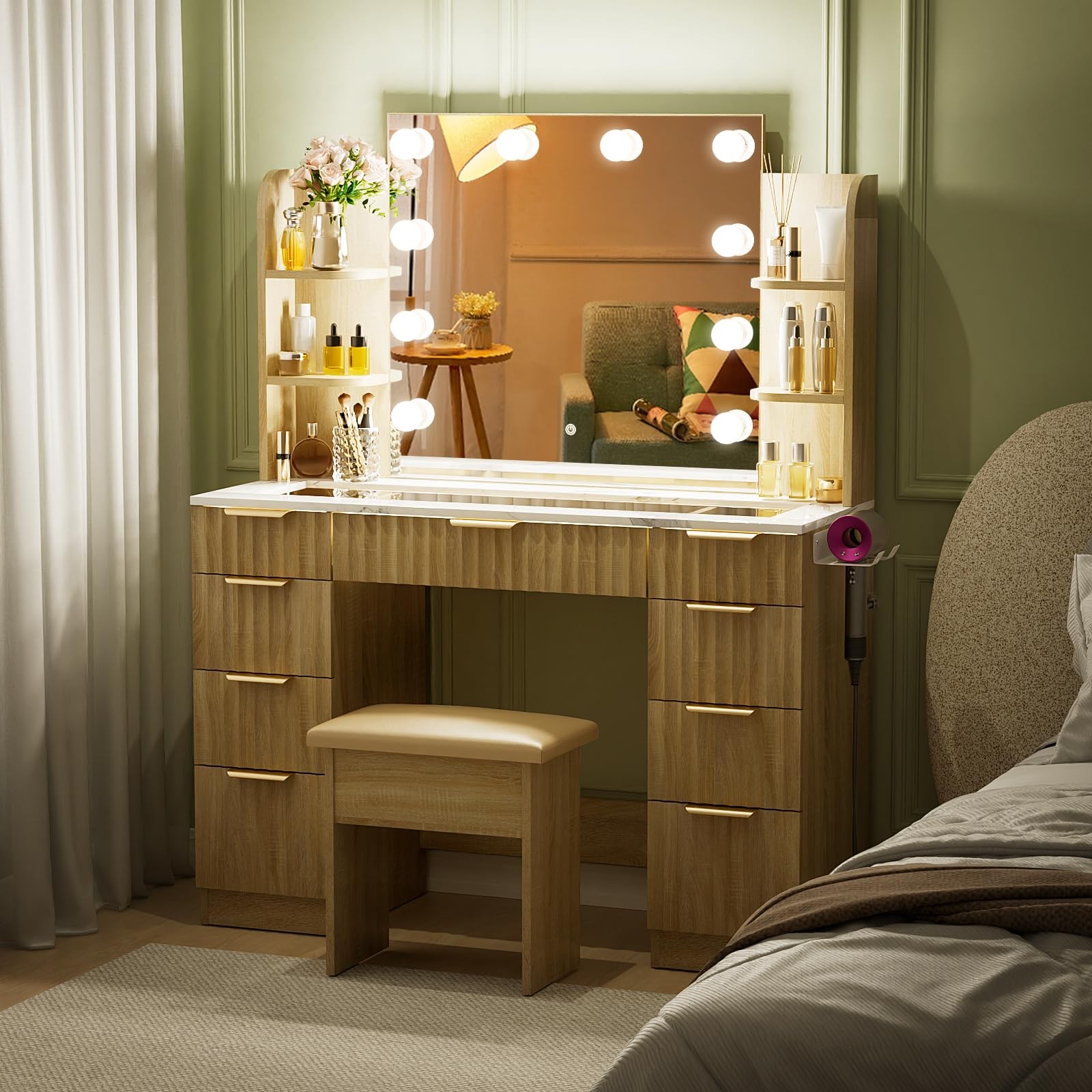 Fluted Vanity with Mirror Lights 43in Glass Top 9 Drawers Outlet Marble