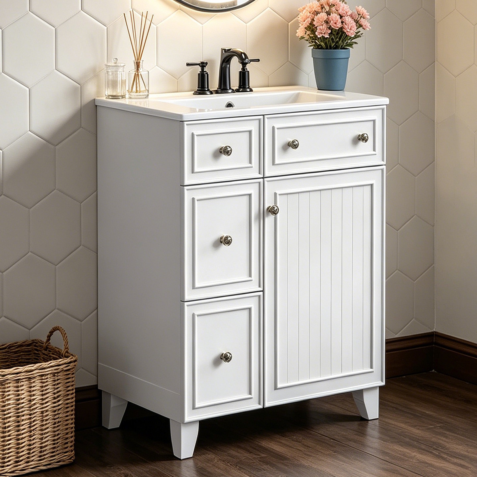 White Vanity for Bathroom 24″ Floor Standing Single Sink Unit with Storage Space