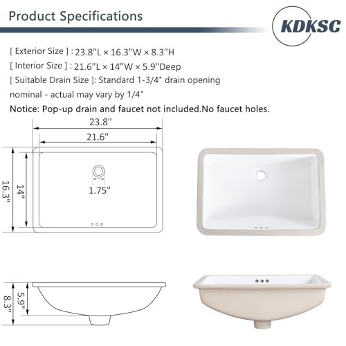 White Ceramic 24″ Undermount Bathroom Sink – Rectangular – 23.8″x16.3″