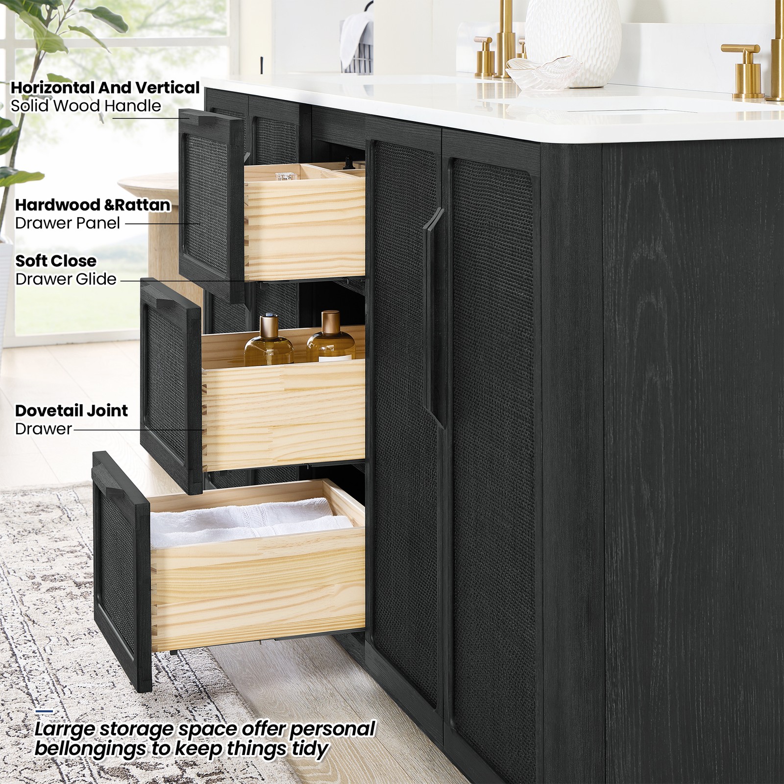 Busan 60M” Double Bath Vanity in Oak Classic Black with White Quartz Stone Top