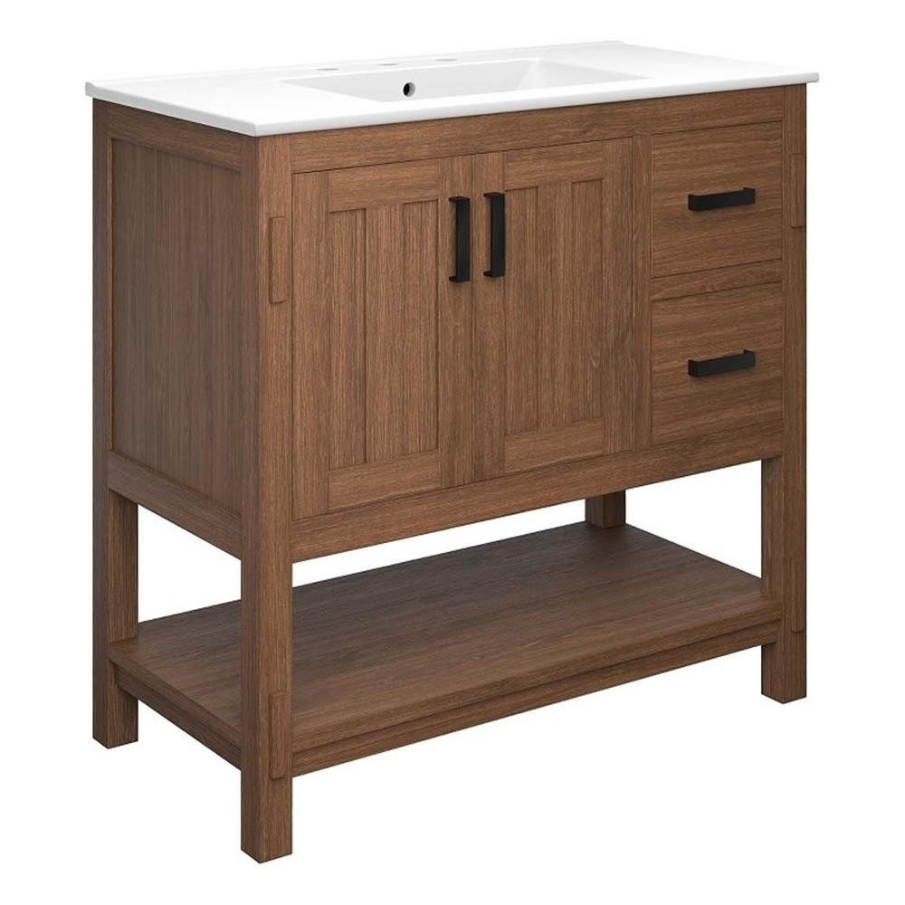 Pemberly Row 36″ Wood Bathroom Vanity with Open Shelf in Walnut and White