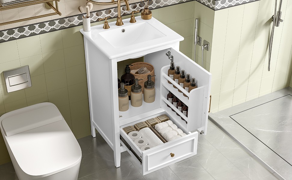 20″ Bathroom Vanity with Ceramic Sink, Cabinet & Drawer, White