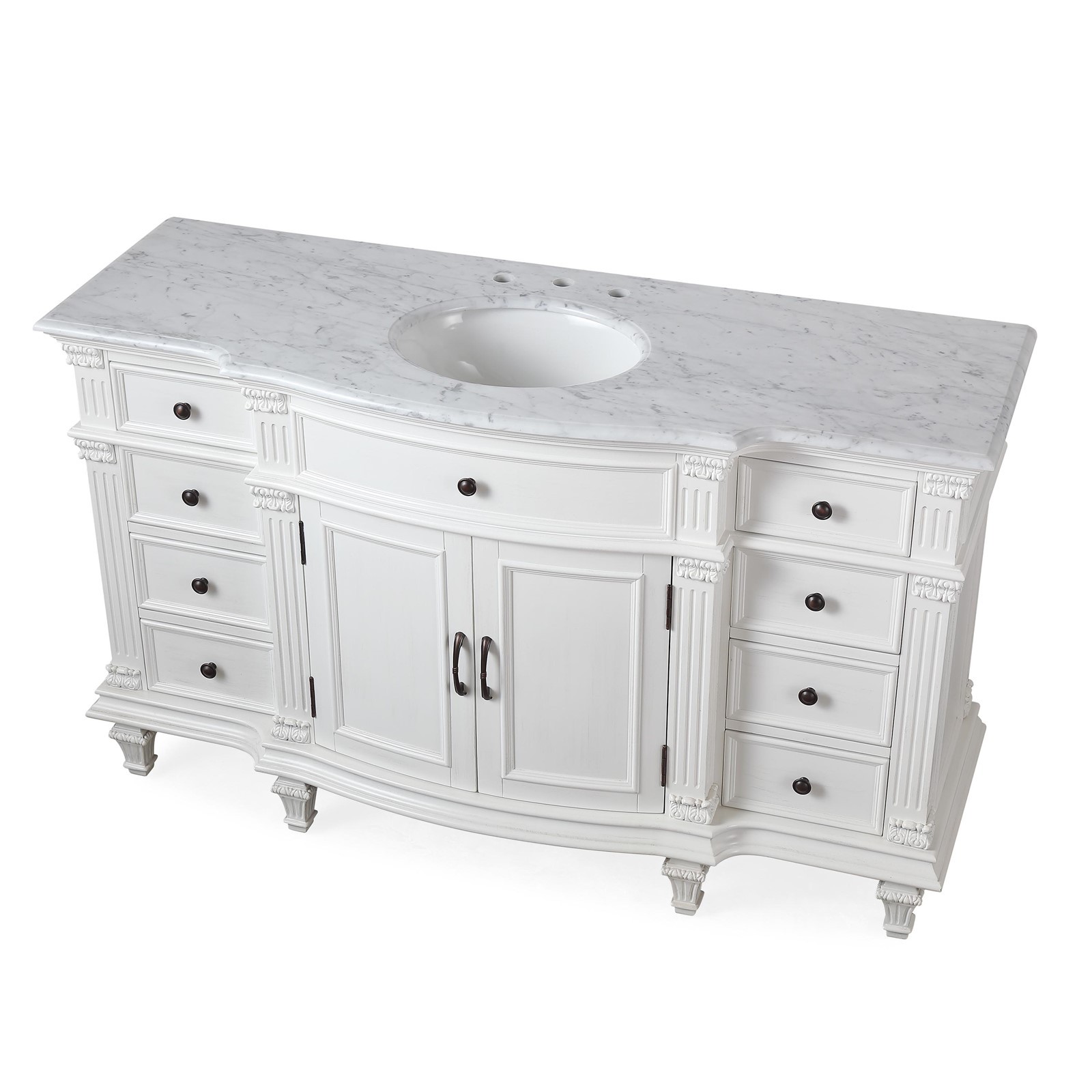 60″ Single Sink Cabinet Carrara White Marble Stone Top White Bathroom Vanity