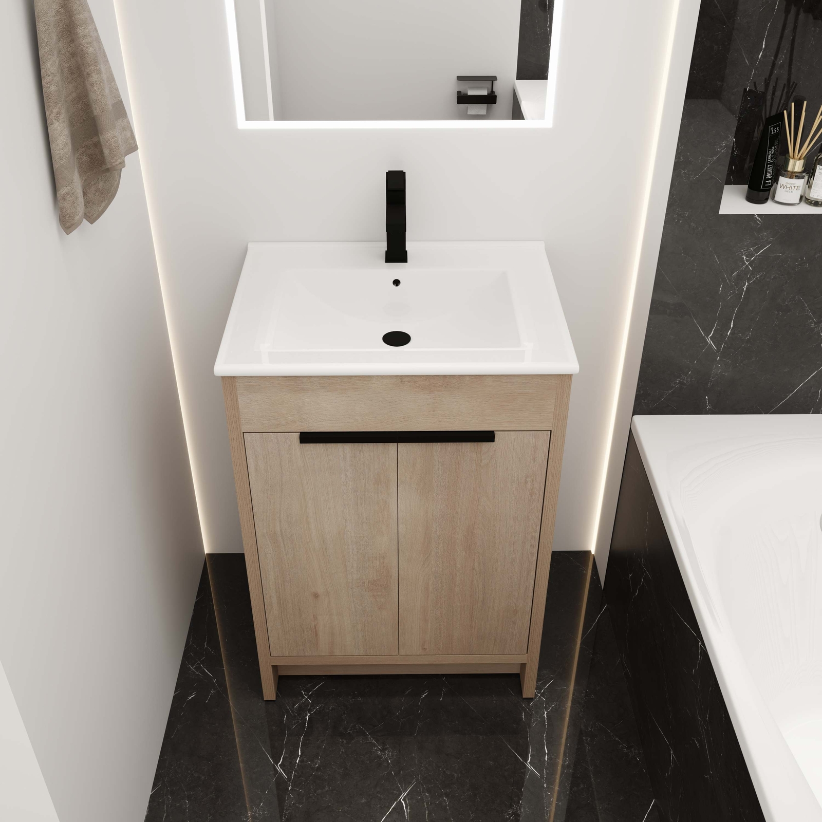 24” Freestanding Bathroom Vanity w/ White Ceramic Sink & 2 Soft Close Doors Oak