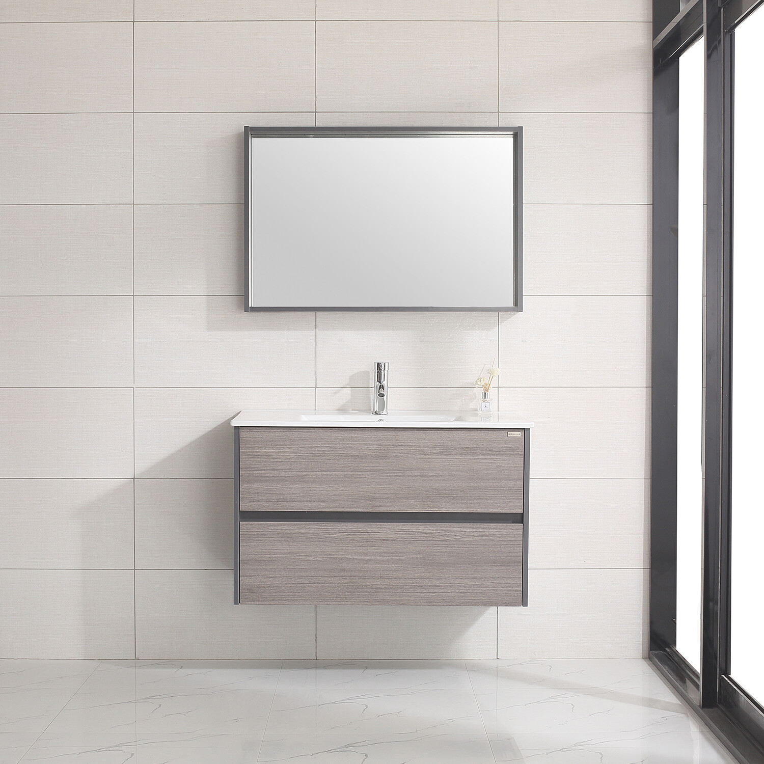 Wall-mount 36″ Bathroom Vanity Wood Cabinet w/ Resin Basin Sink & Mirror Combo
