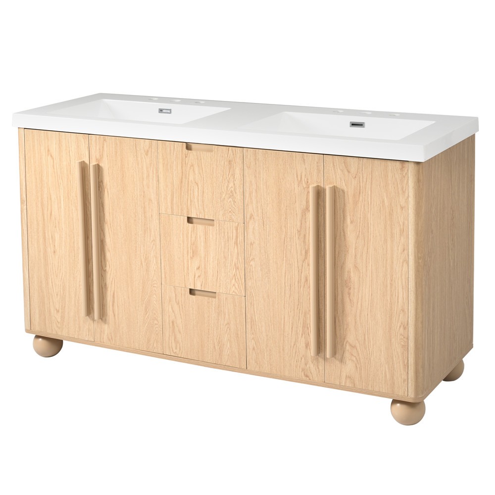 59″ Bathroom Vanity w/Double Sink,Freestanding Vanity Cabinet, 3 Drawers, 4 Door