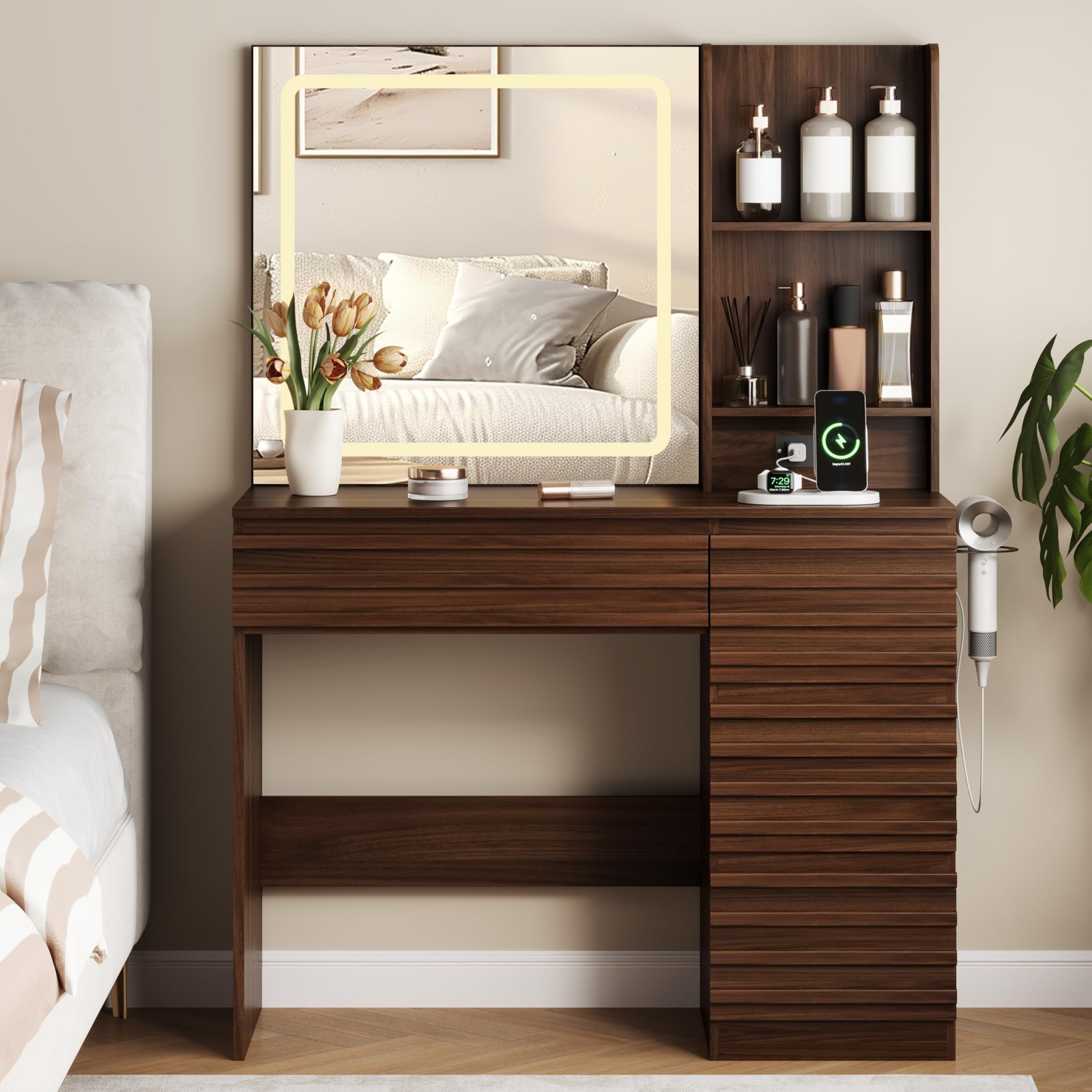 Makeup Vanity Desk with LED Lighted Mirror Fluted 4 Drawers Power Outlet Walnut