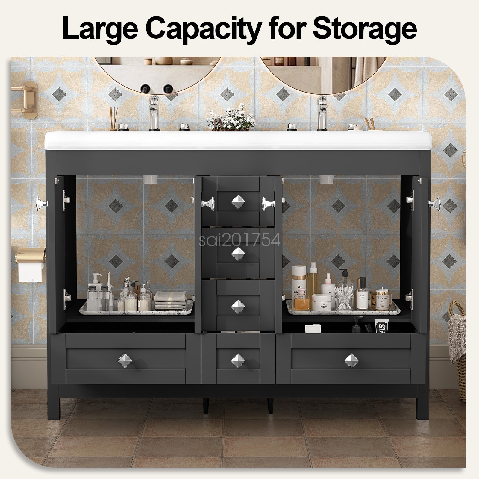 47.3″ Bathroom Vanity Freestanding Ceramic Sink Cabinet Bathroom Sink Set Black