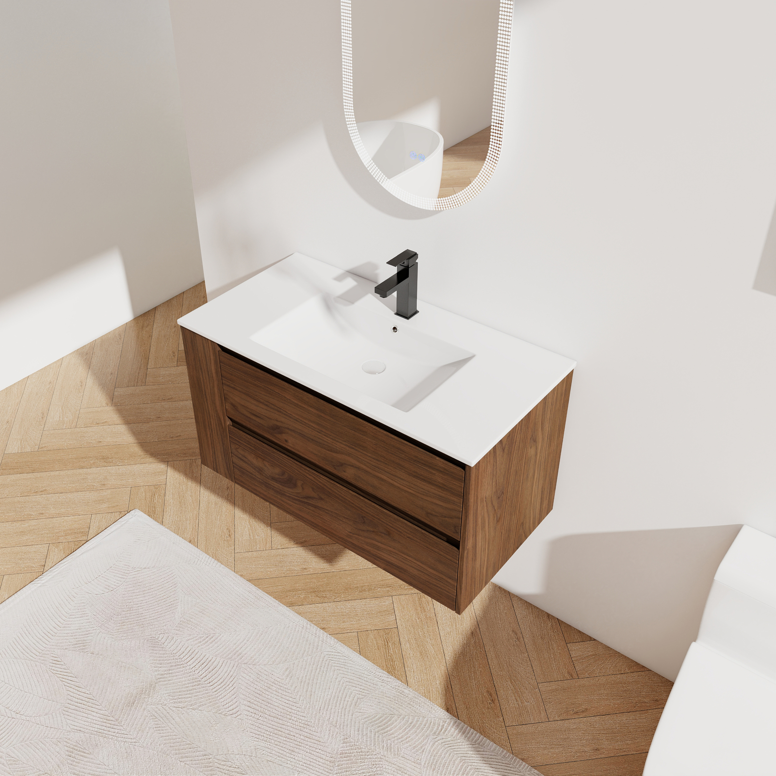 36″ Floating Wall Mounted Bathroom Vanity Cabinet Ceramic Sink Side Shelf Brown