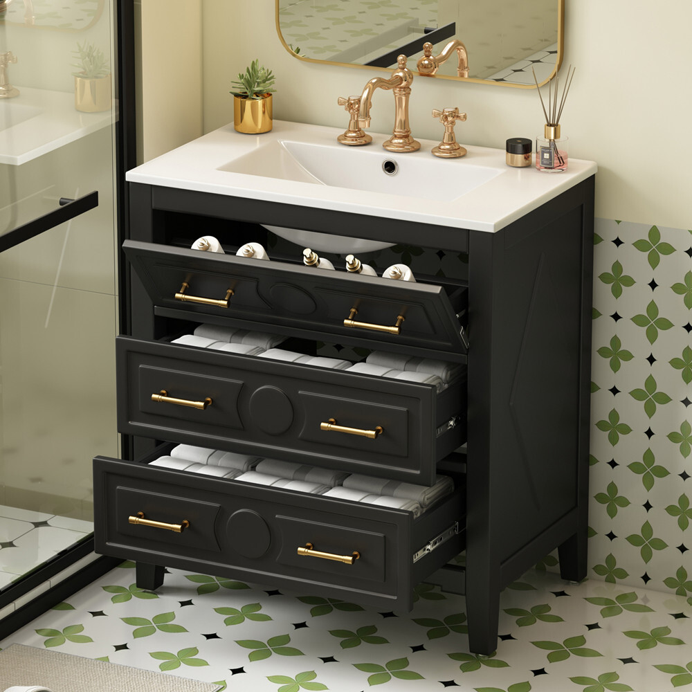 30″ Bathroom Vanity with Basin Sink, 3 Drawers, Freestanding Bath Vanity Cabinet