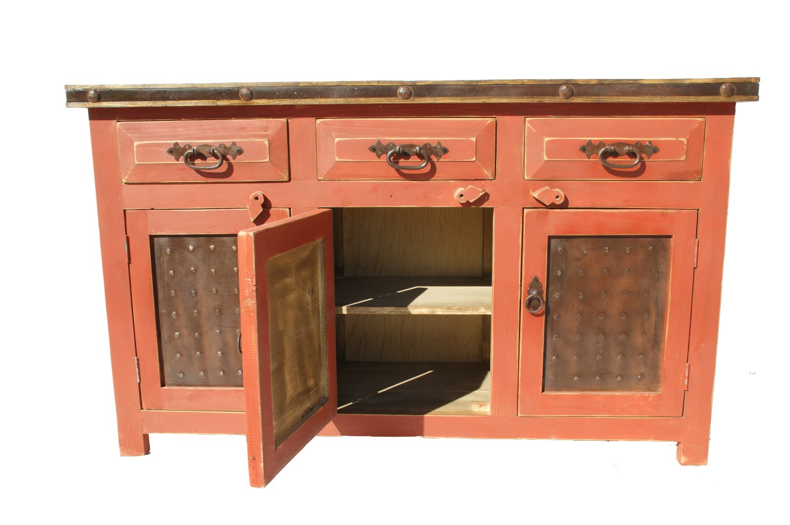 Rustic Bathroom Vanity Red Wash Metal Panel Doors 60 inch