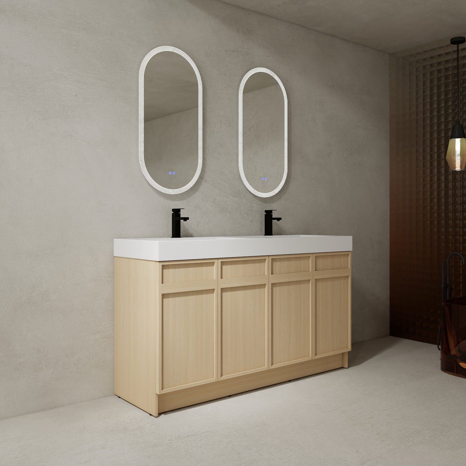 60in Plywood Double Sink Bathroom Vanity Cabinet W/ 4 Doors White Resin Sink