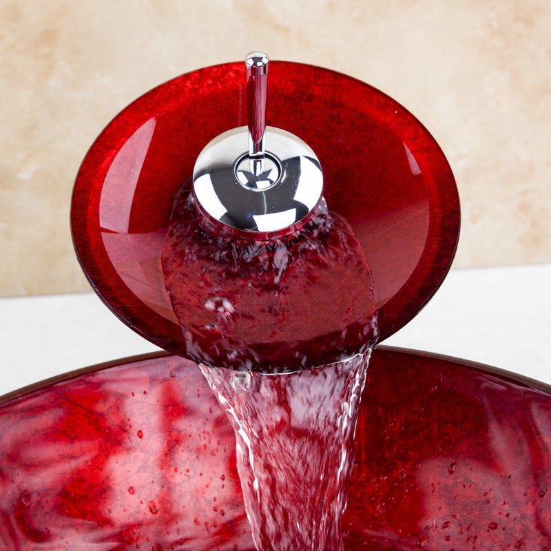 Bathroom Red Round Tempered Glass Basin Set Vessel Vanity Sink Bowl With Faucet