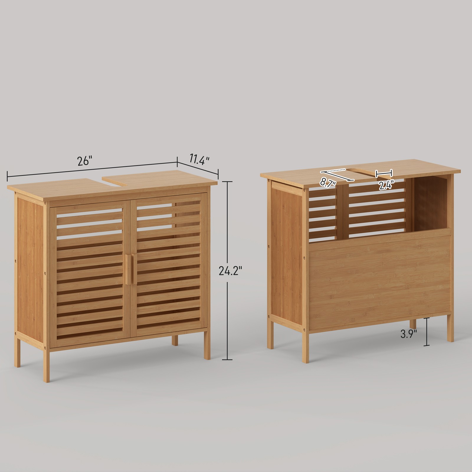 kleankin Freestanding Under Sink Cabinet with 2 Slatted Doors Bamboo Frame