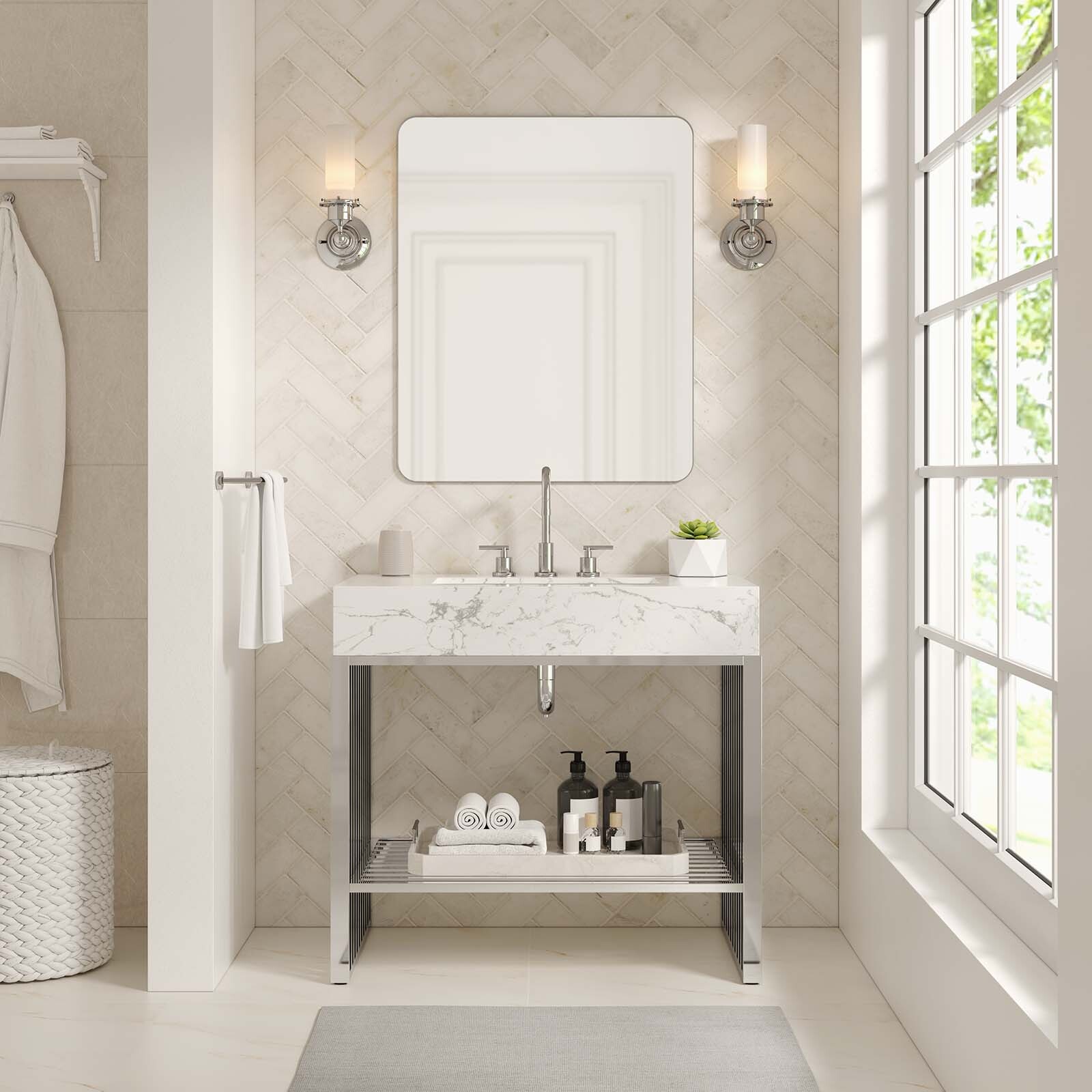 Modway Gridiron 36″ Bathroom Vanity in White Silver