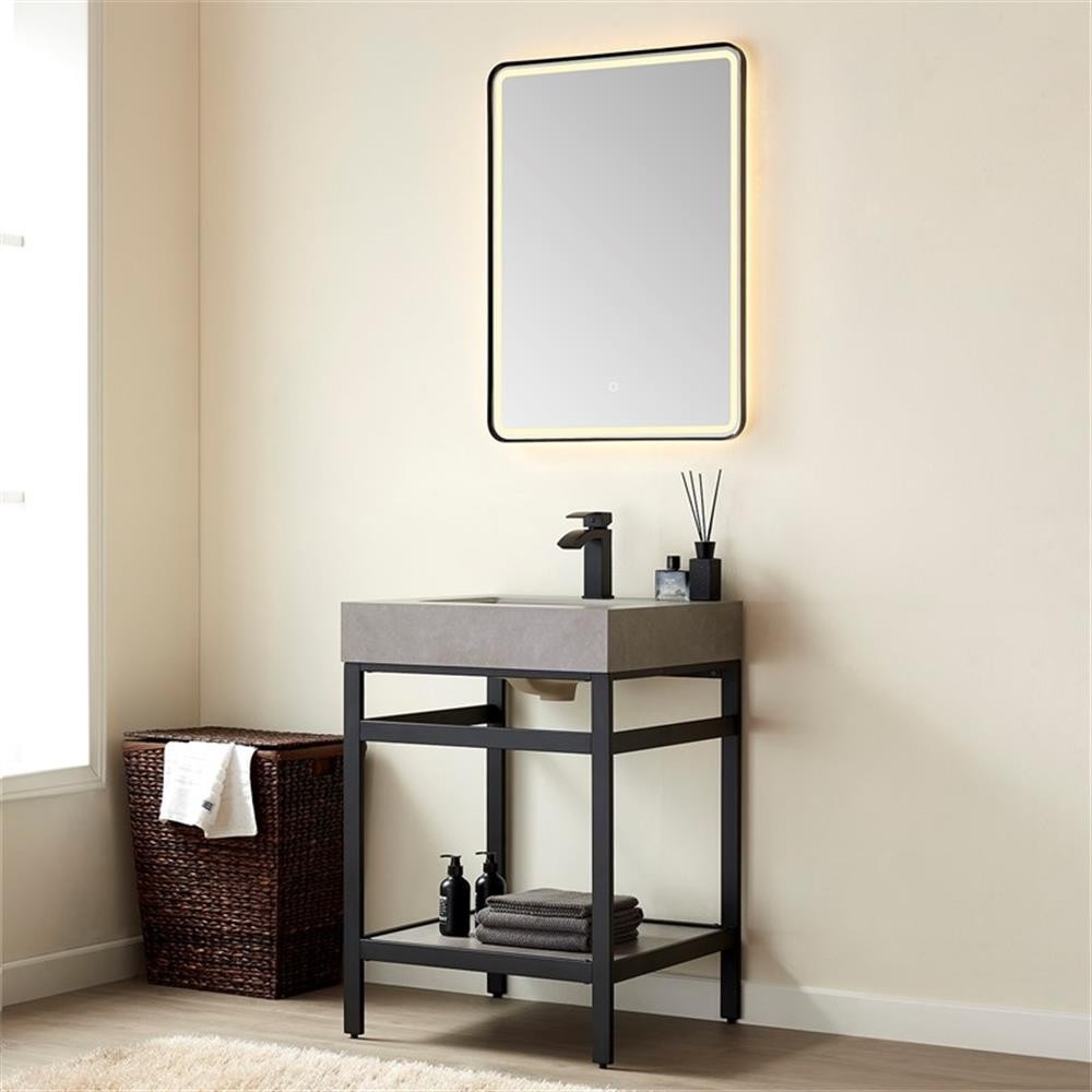 Funes 24″ Single Sink Bathroom Vanity in Matte Black Frame Gray Top w/ Mirror