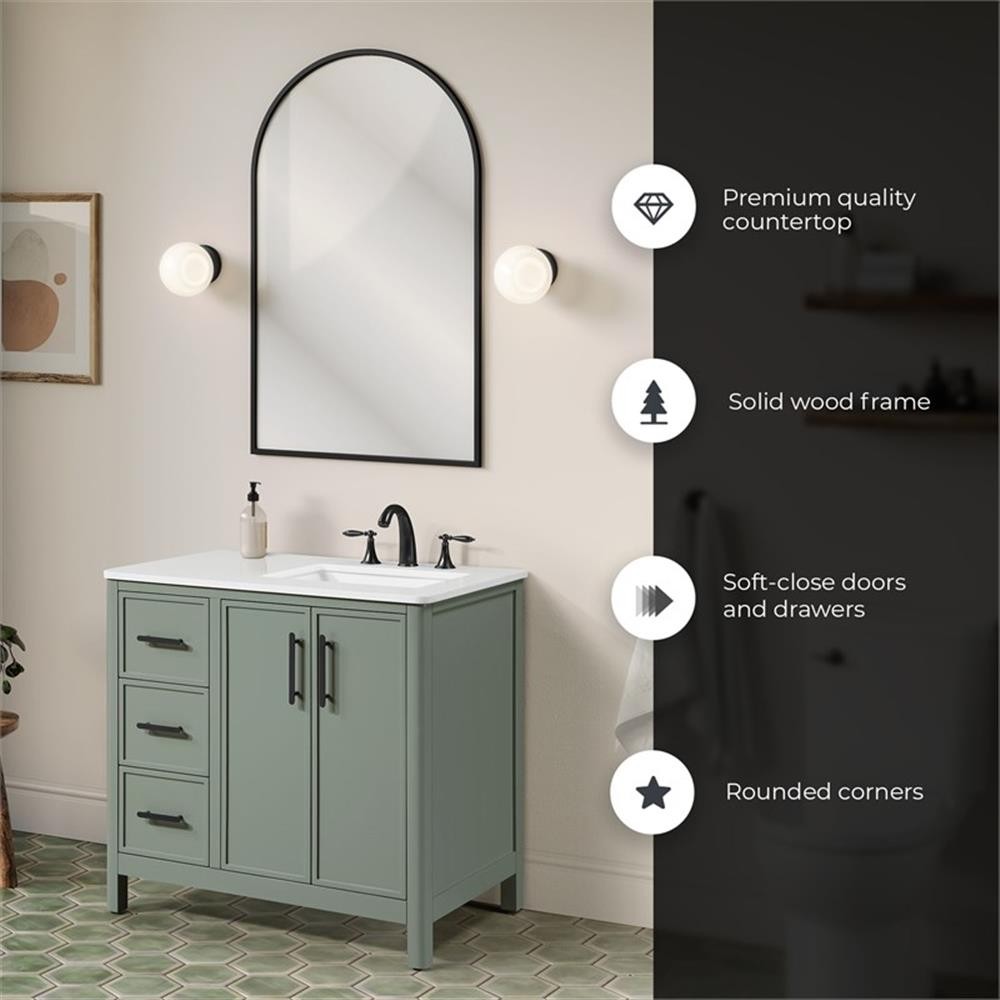 Pemberly Row 36″ Bathroom Vanity in Sage Green with White Countertop