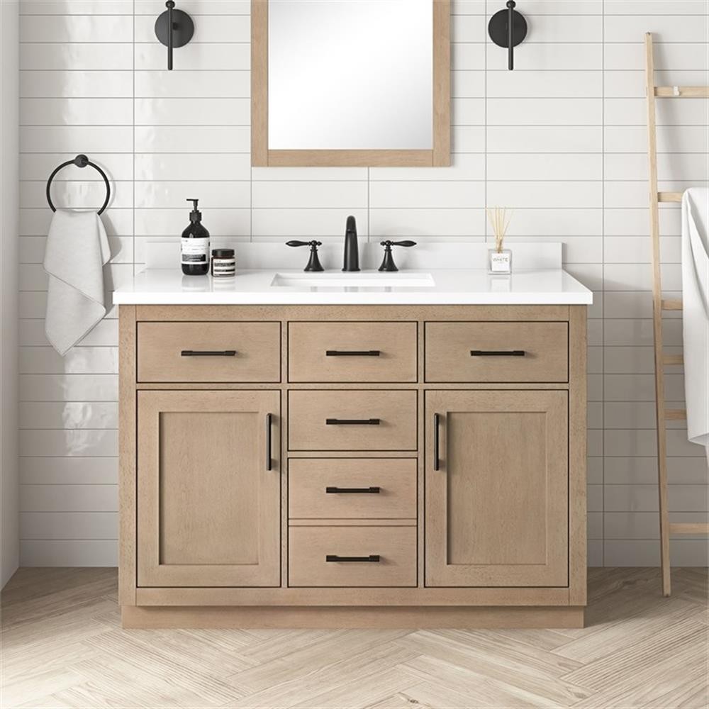Pemberly Row 48″ Bathroom Vanity in Sahara Birch with White Countertop