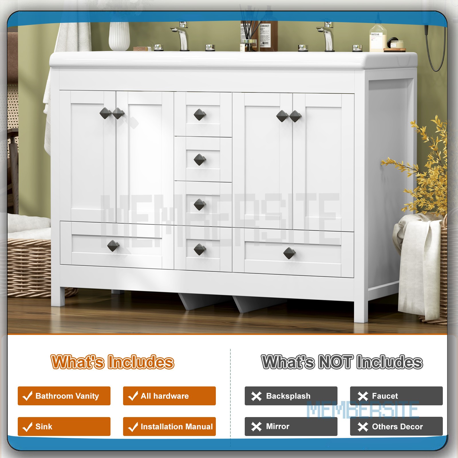 Bathroom Vanity 47.3″ Bathroom Sink Cabinet w/Soft Closing Doors 6 Drawers White