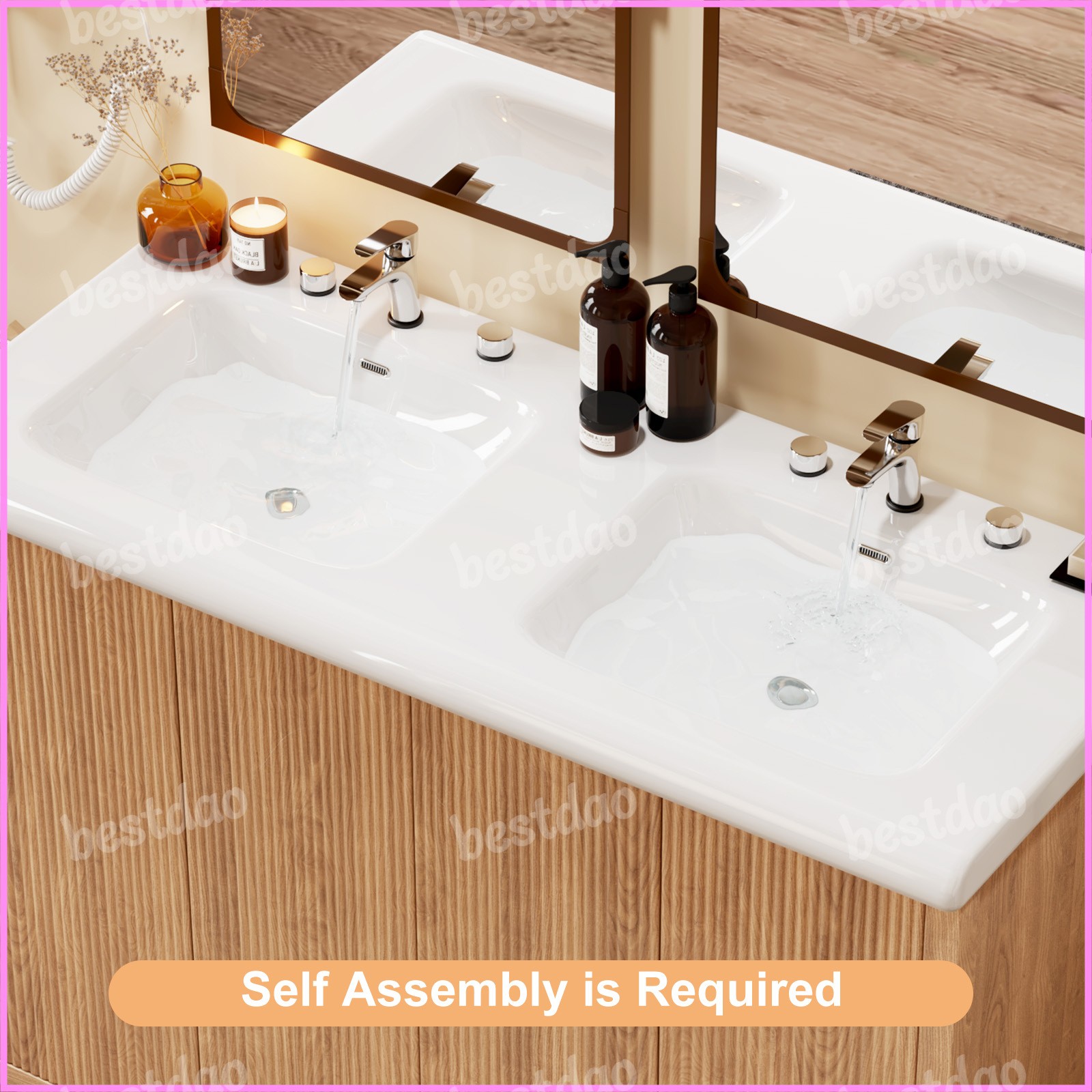 47″ Double Sink Bathroom Vanity Wood Grain Modern 2 Basin Storage Cabinet