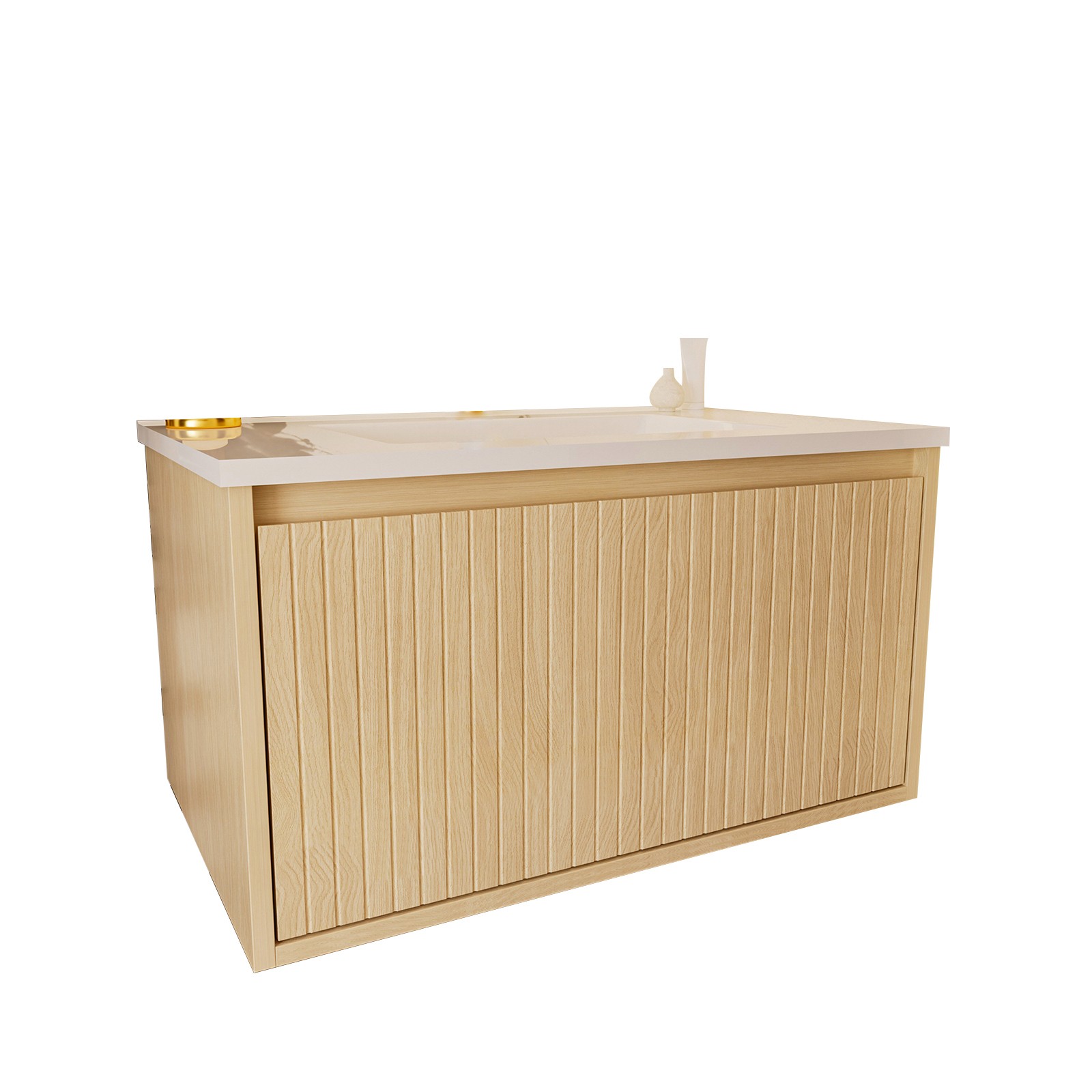 30 Inch Floating Bathroom Vanity Cabinet with Ceramic Sink, Natural Wood
