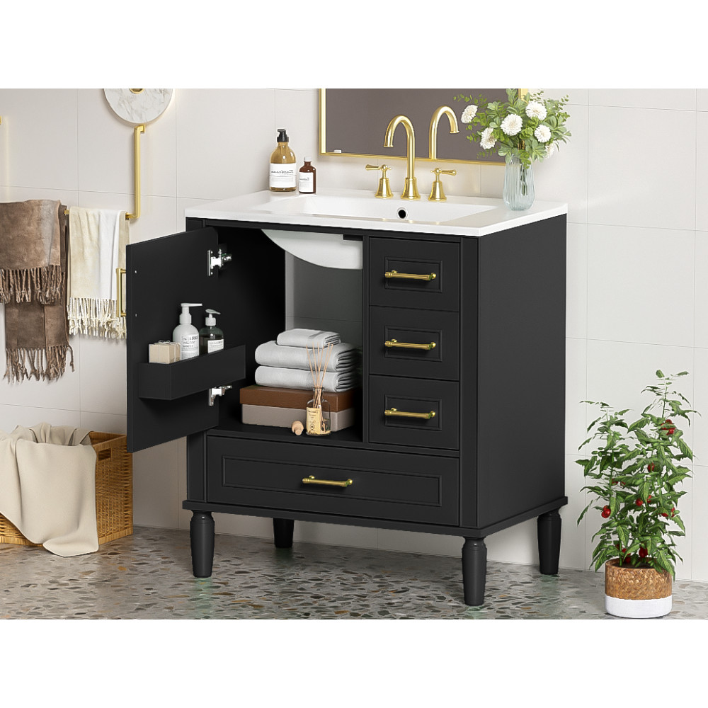30 in Bathroom Vanity Ceramic Sink Soft Close Door 3 Drawer Gold Handle Storage