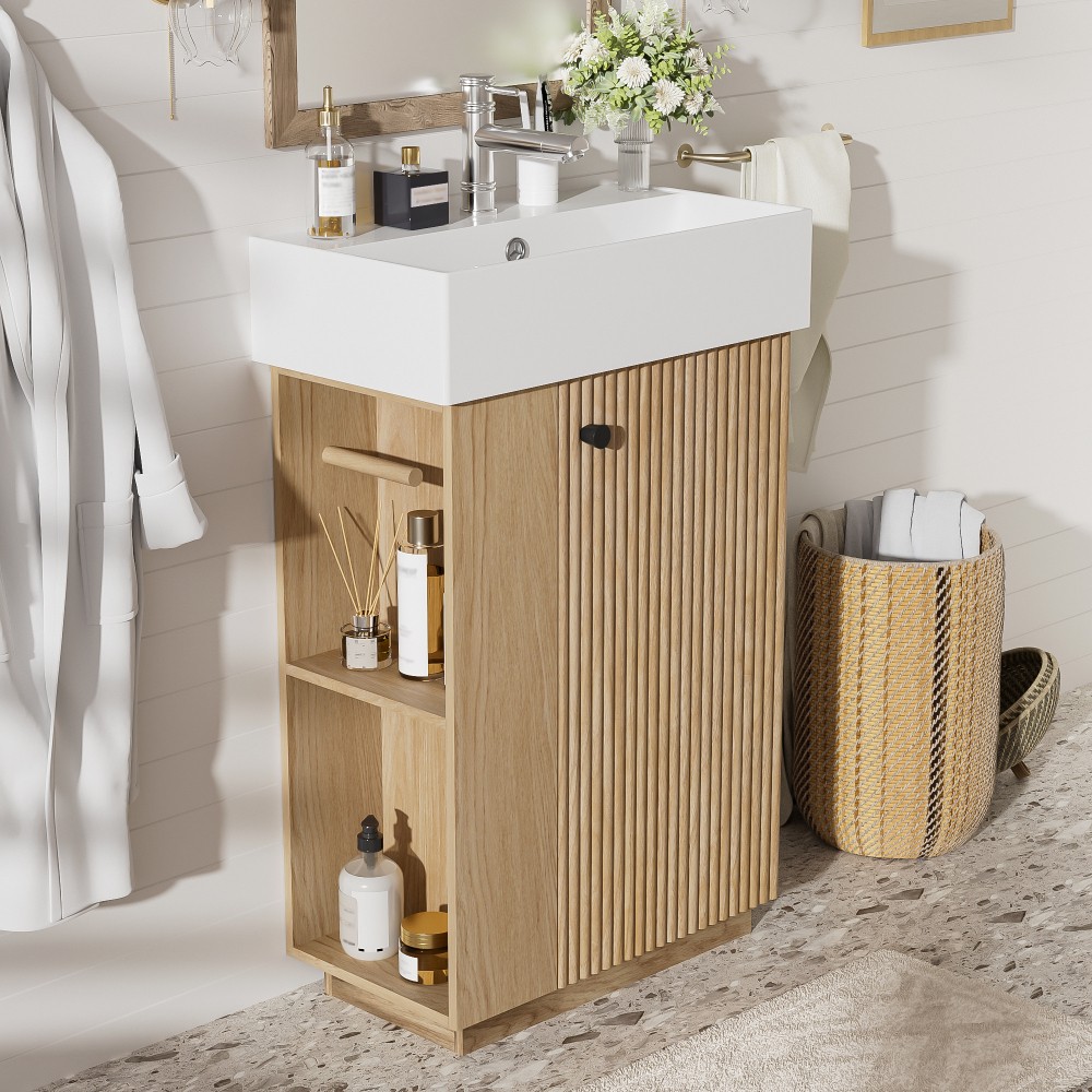 21.6″ Freestanding Bathroom Vanity w/Ceramic Sink, Wood Grain Cabinet,Storage