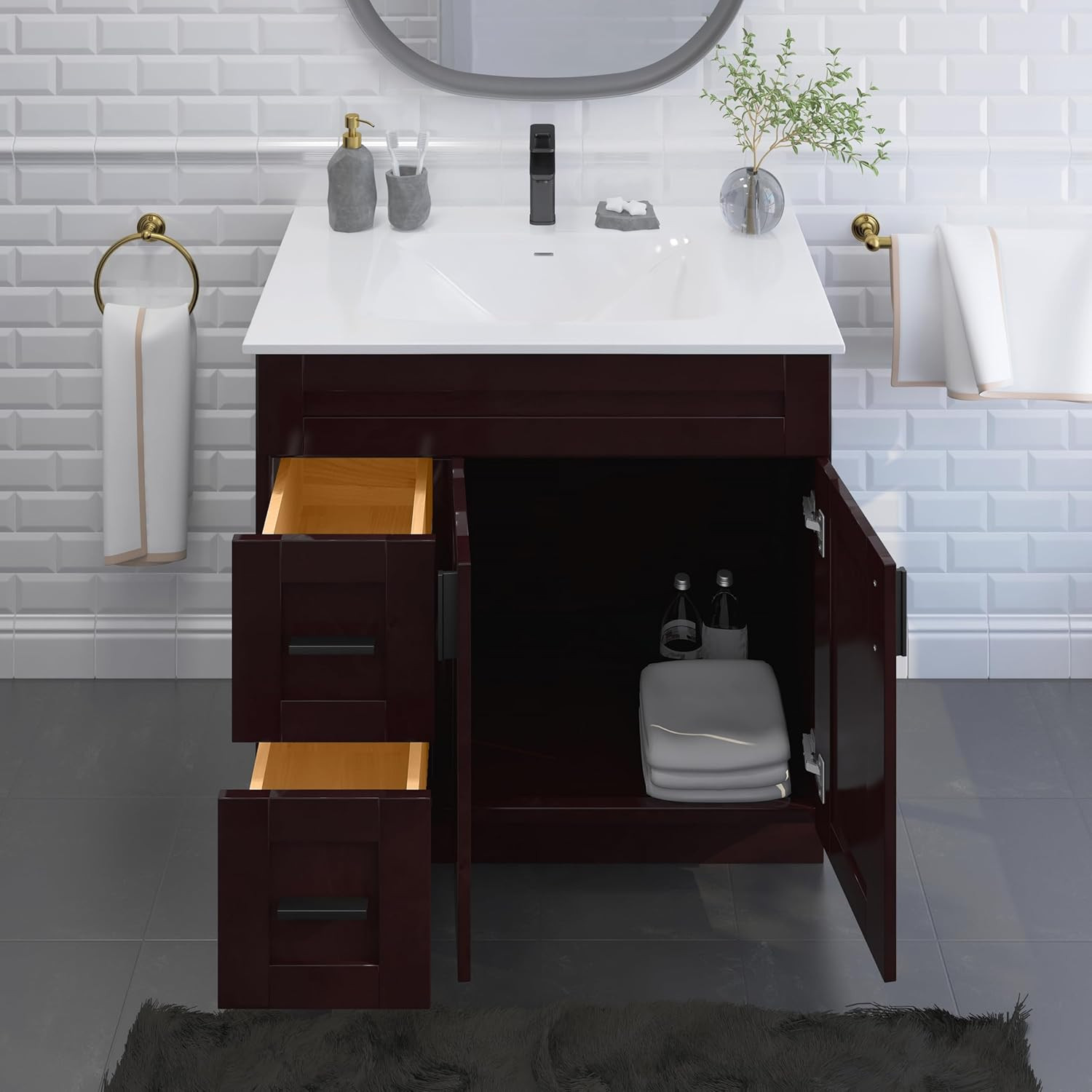 Espresso 36″ Shaker Bathroom Vanity Sink Base with Drawers – Ready to Assemble