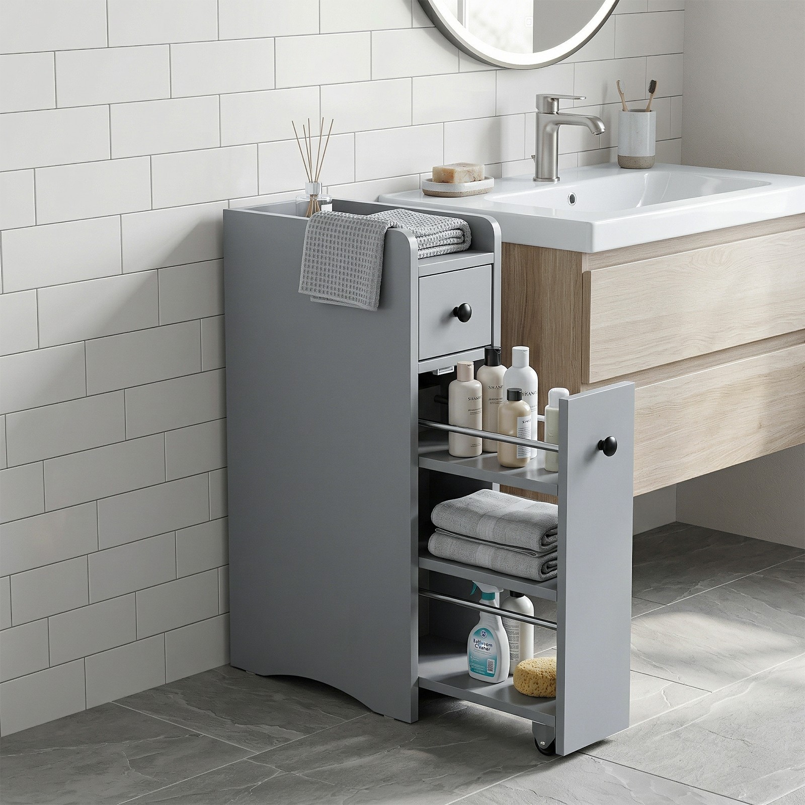 Gray Particleboard with Melamine Veneer Two-drawer Low Cabinet Bathroom Vanity