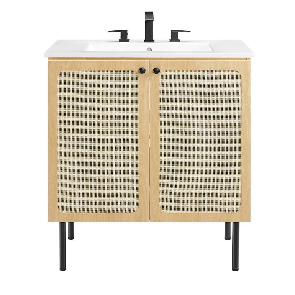 Pemberly Row Contemporary 30″ Wood & Rattan Bathroom Vanity in Oak/White