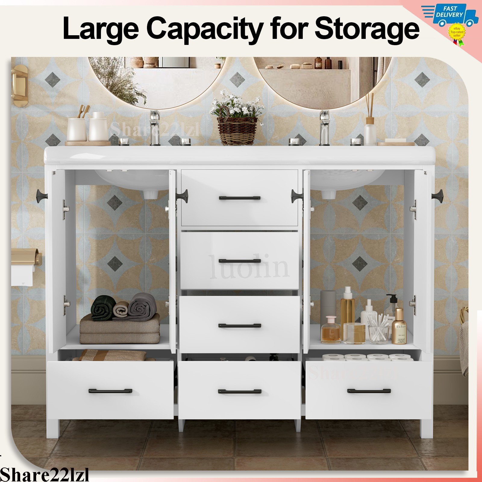 47inch Bathroom Vanity with Sink Ceramic Freestanding Cabinet with Storage Space