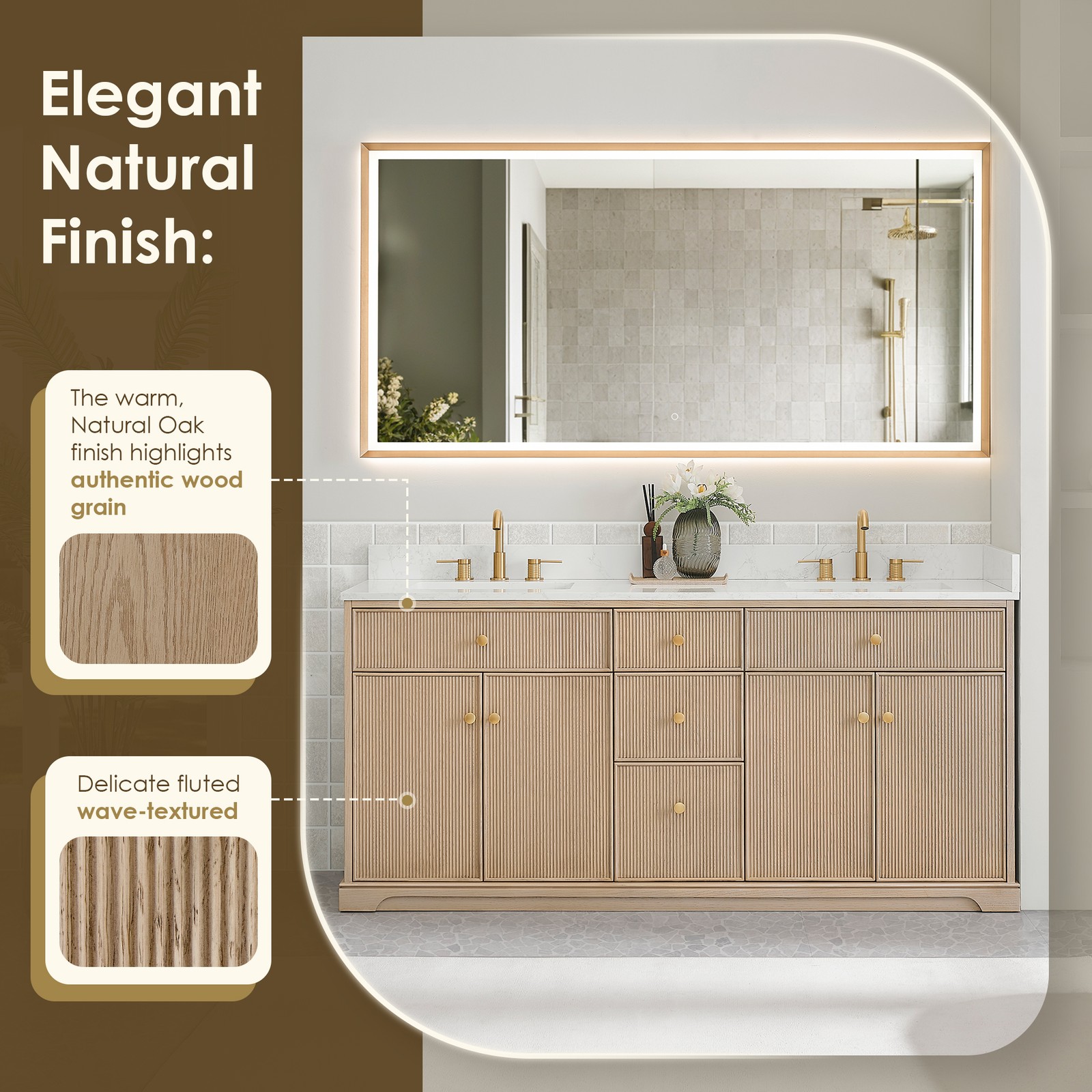 Barnett 72″ Wood Vanity in Natural Oak with White Engineered Stone Top No Mirror