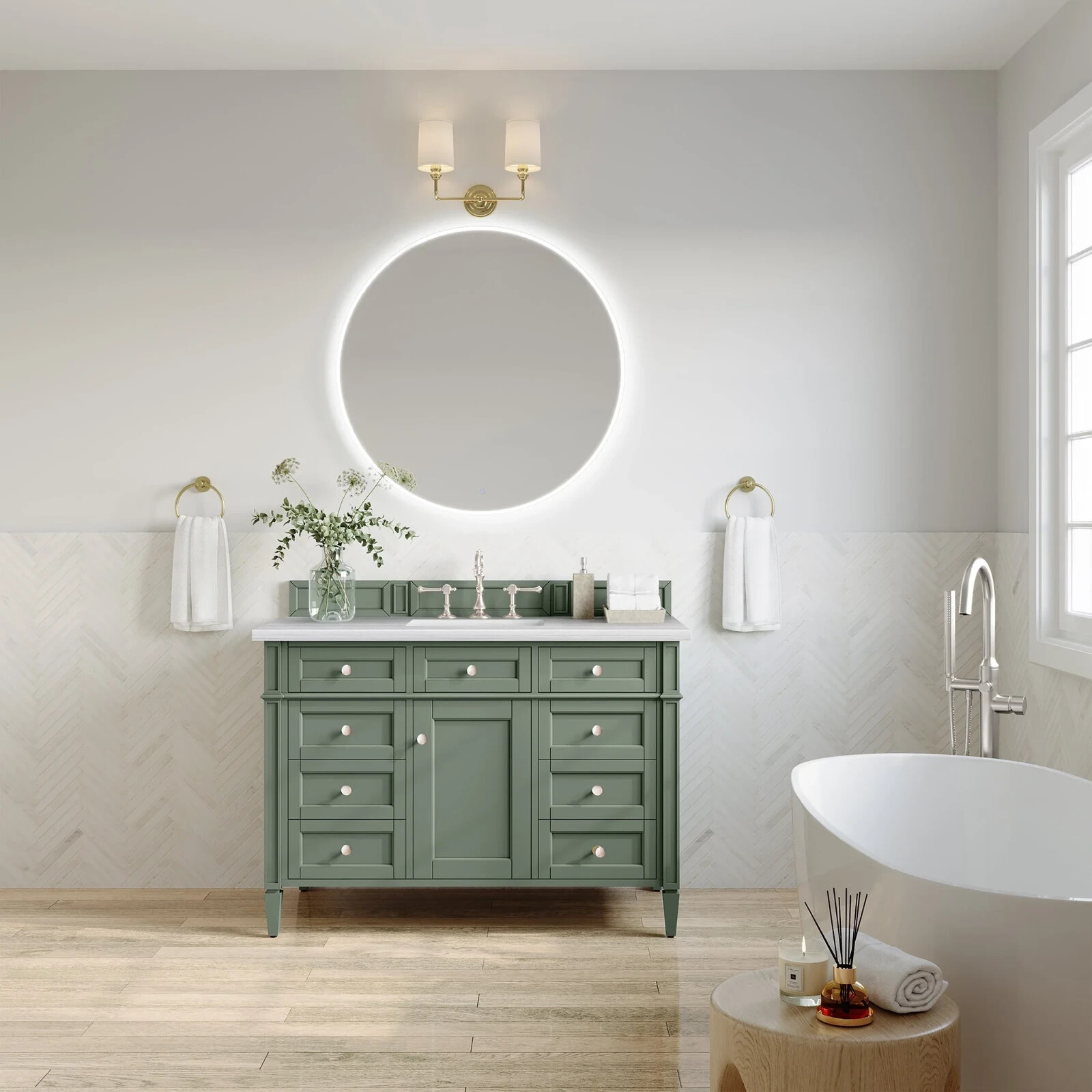 48″ James Martin Brittany Sage Green Single Bathroom Vanity + White Marble Top